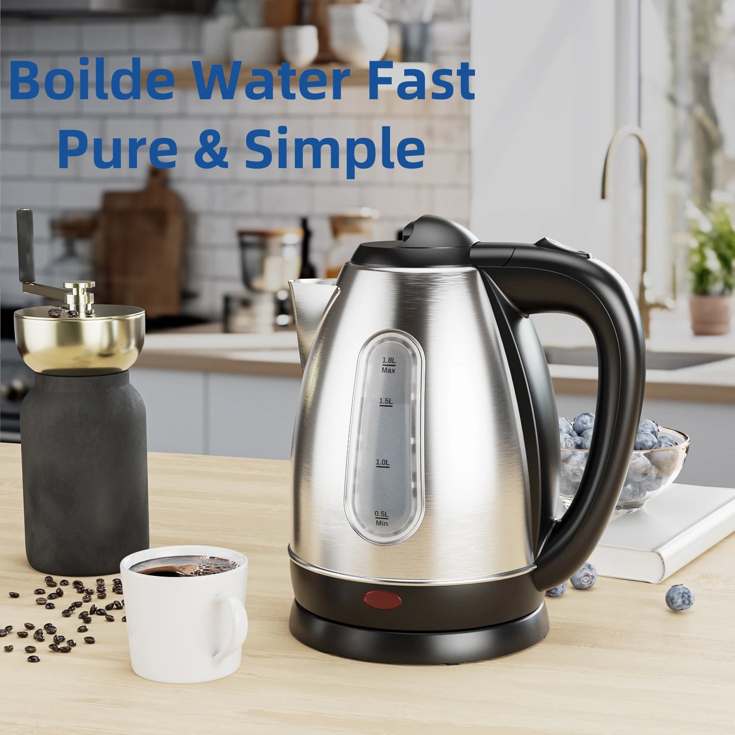 1.8L Stainless Steel Electric Kettle with Water Level Window, Auto Shut-Off, Boil-Dry Protection, 1100W Fast Boiling
