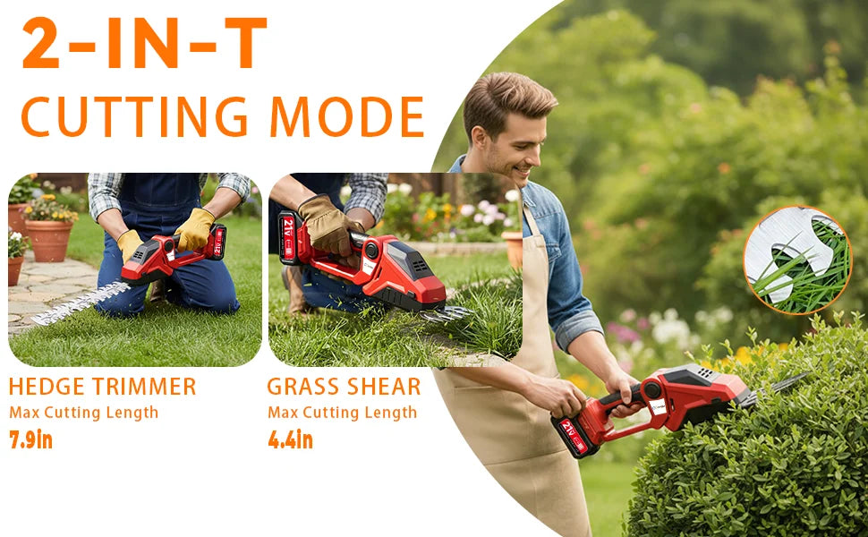 XYSD 2-in-1 Cordless Hedge Trimmer, with Battery , Cordless Grass Shear & Shrubbery Trimmer for Gardens, Yards and lawns
