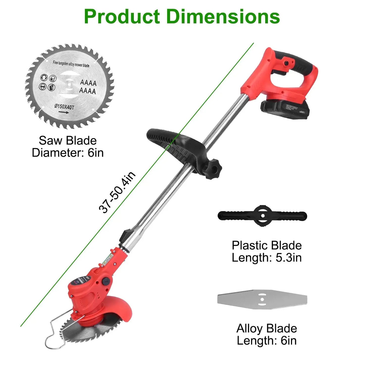 Electric Cordless Grass Trimmer Rechargeable Lawn Mower Weed Cutter with Alloy Saw Blade 2 Alloy Blades 5 Plastic Blades 2 Rechargeable Batteries Goggles Gloves Auxiliary Handle
