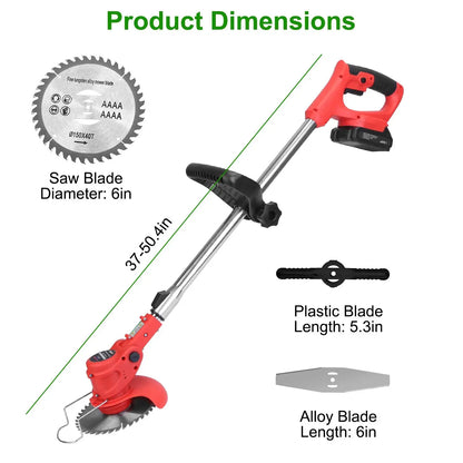 Electric Cordless Grass Trimmer Rechargeable Lawn Mower Weed Cutter with Alloy Saw Blade 2 Alloy Blades 5 Plastic Blades 2 Rechargeable Batteries Goggles Gloves Auxiliary Handle