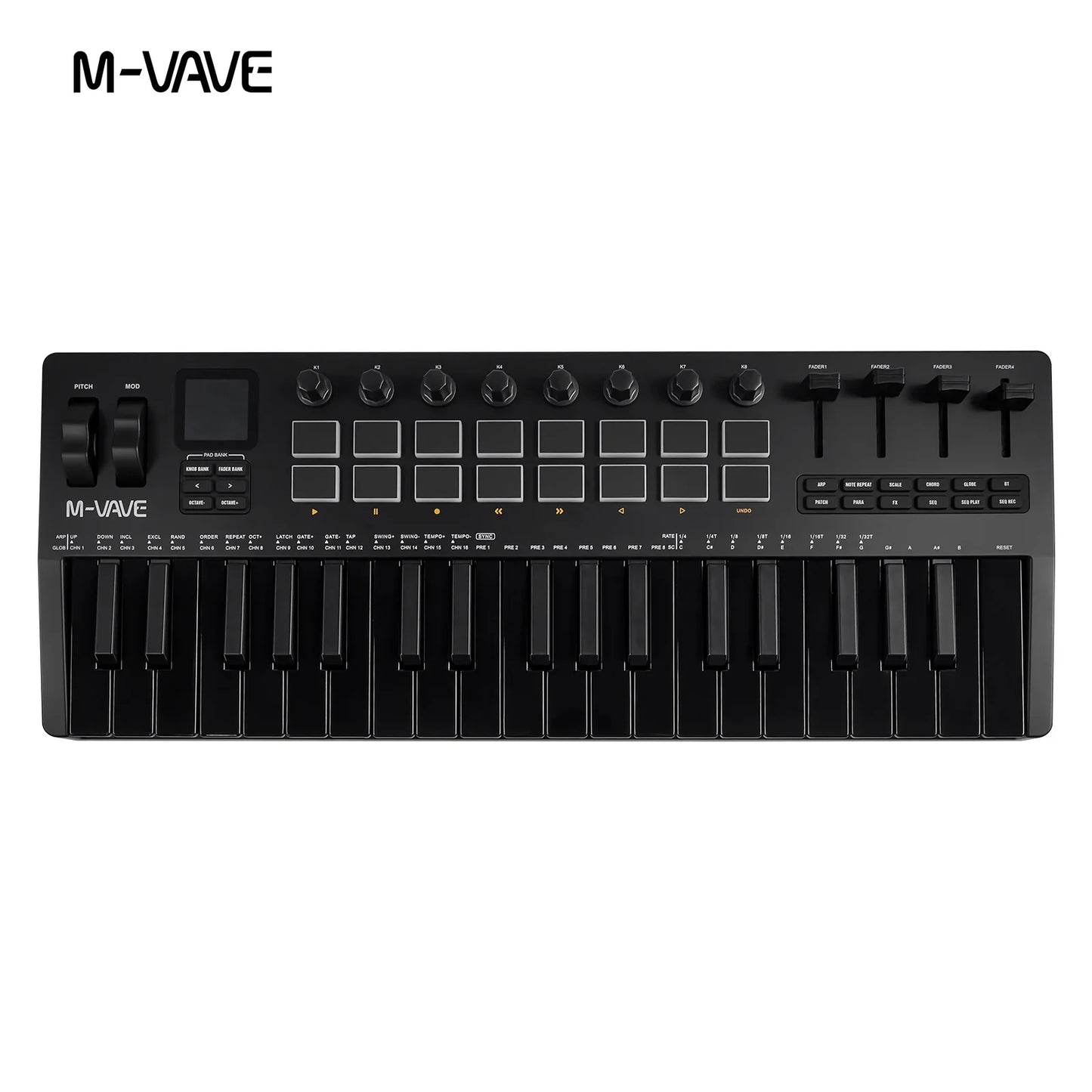M-VAVE SMK-37 Keyboard Black MIDI Controller 37 Key 16 RGB Pads&8 Knobs Supports Wireless Connection Systems Software Operation