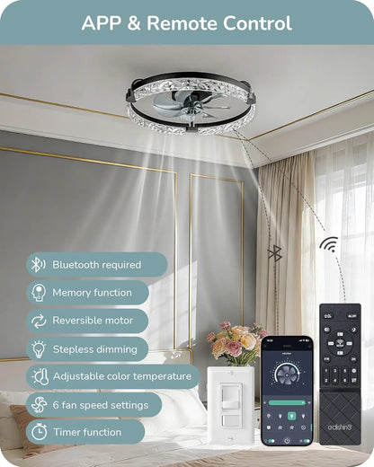 20" Low Profile Ceiling Fan with Lights and Remote, 6 Speeds Dimmable LED, DC Motor, APP Control, Black for Bedroom Kitchen