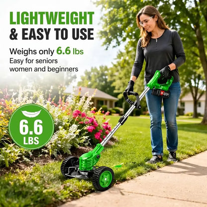 Weed Wacker with 2 Batteries, Lightweight 21Trimmer with Wheels, Electric Grass Trimmer, Adjustable Shaft Lawn Tool