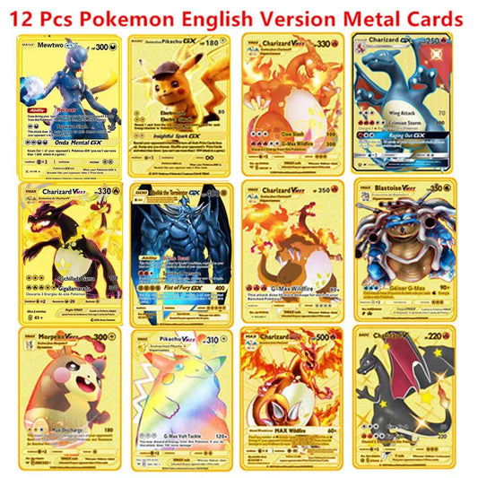 Pokemon English Metal Card Anime Pikachu Charizard Mewtwo Blastoise Vmax Shiny Letters Game Collection Card Kids Toy Gifts 12 Pcs Set-2