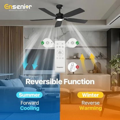 52 inch ceiling fan with light and remote for bedroom and living room, black modern DC motor fandelier with noiseless reversible