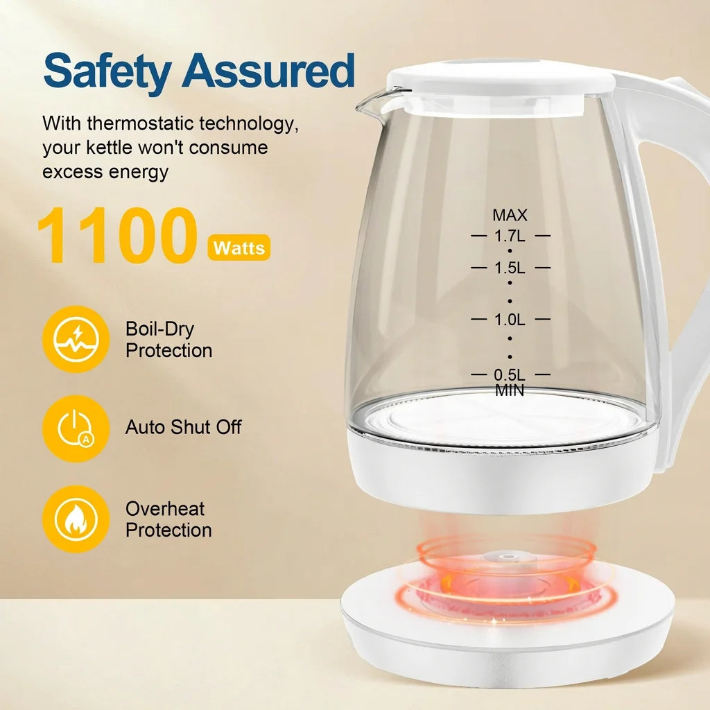Electric Kettle with Water Dispenser - 1.7L Elegant Glass Tea Pot, 1100W Fast Boiling, LED Indicator, Auto-Shutoff