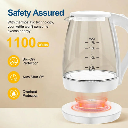 Electric Kettle with Water Dispenser - 1.7L Elegant Glass Tea Pot, 1100W Fast Boiling, LED Indicator, Auto-Shutoff