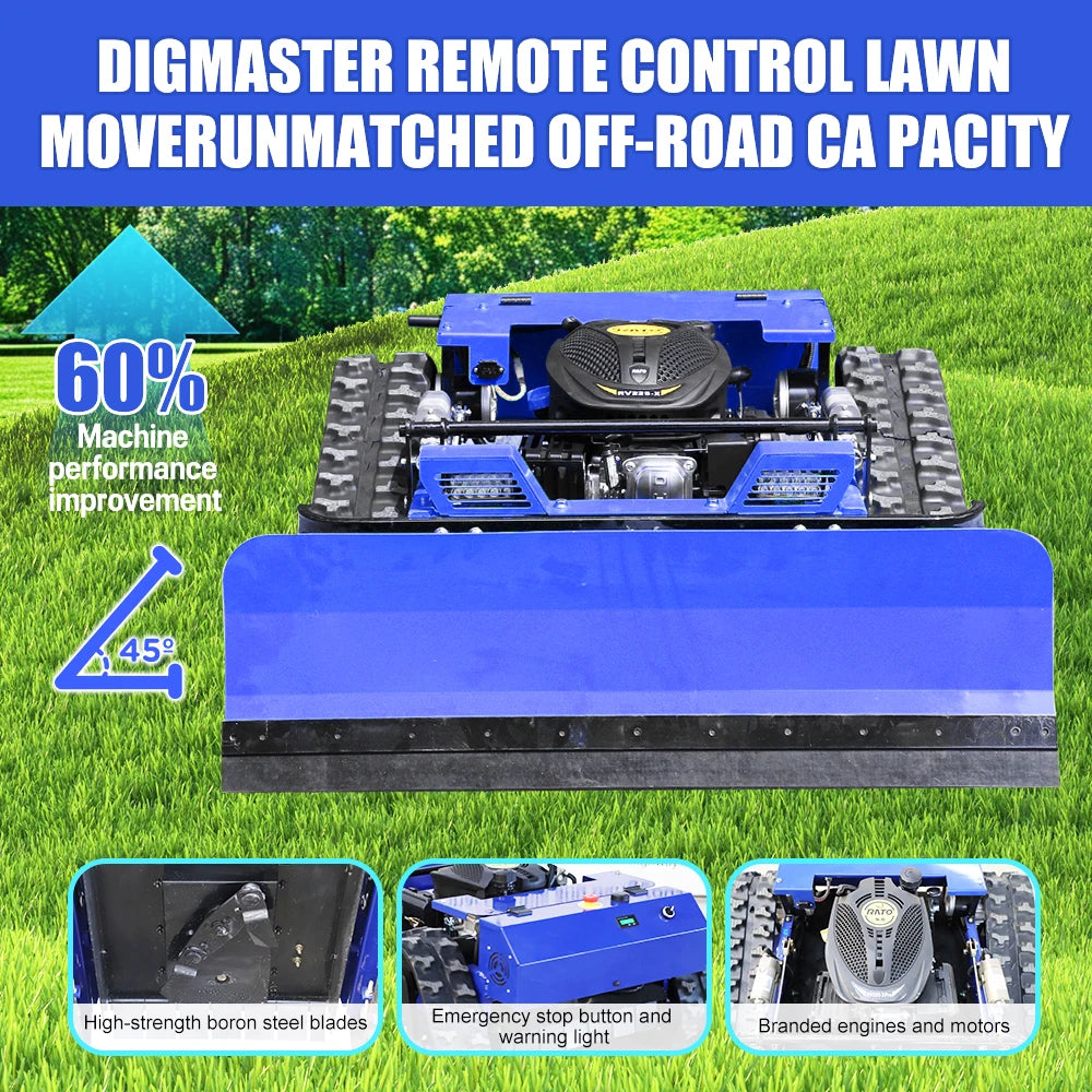 Multifunctional Remote Control Crawler Lawn Mower with Snow Plow, 225CC Gasoline Grass Cutter Robot, 550mm Cutting Width, 45° Climbing All Terrain Garden Snow Removal Machine