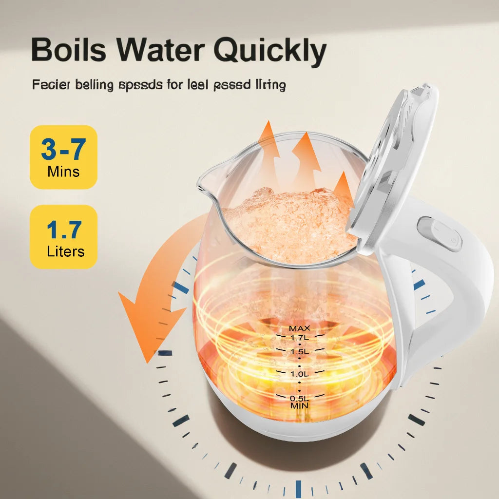 Electric Kettle with Water Dispenser - 1.7L Elegant Glass Tea Pot, 1100W Fast Boiling, LED Indicator, Auto-Shutoff