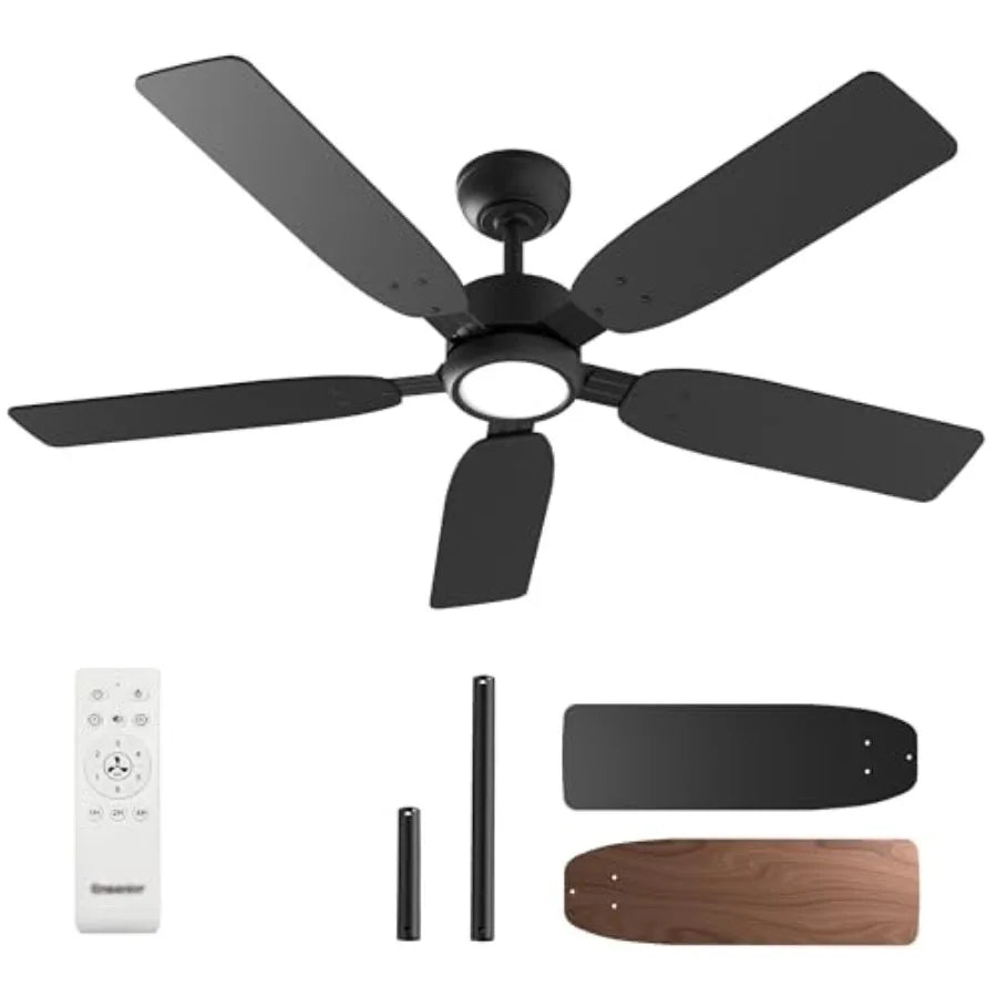 52 inch ceiling fan with light and remote for bedroom and living room, black modern DC motor fandelier with noiseless reversible