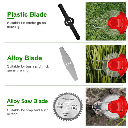 Electric Cordless Grass Trimmer Rechargeable Lawn Mower Weed Cutter with Alloy Saw Blade 2 Alloy Blades 5 Plastic Blades 2 Rechargeable Batteries Goggles Gloves Auxiliary Handle