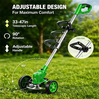Weed Wacker with 2 Batteries, Lightweight 21Trimmer with Wheels, Electric Grass Trimmer, Adjustable Shaft Lawn Tool