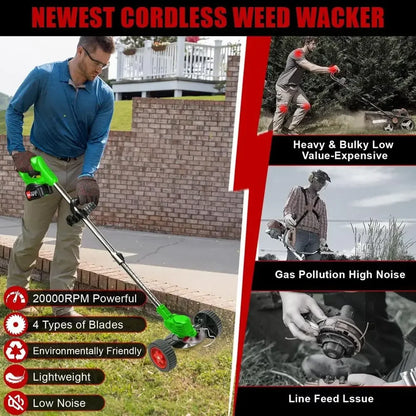 Weed Wacker with 2 Batteries, Lightweight 21Trimmer with Wheels, Electric Grass Trimmer, Adjustable Shaft Lawn Tool