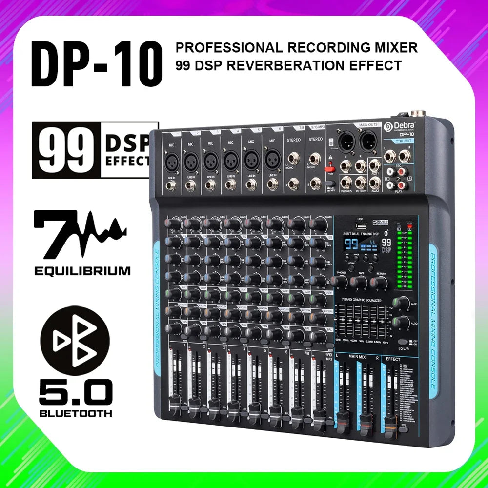 99 DSP FP-10 Audio Mixer DJ Controller 10 Channels Reverb Recording Mixing With Bluetooth 5.0 Professional Performance