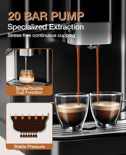 20-Bar Espresso Maker With Bean Grinder Professional Coffee Machine With Milk Frother & 1.5l Water Tank For Coffee Lovers