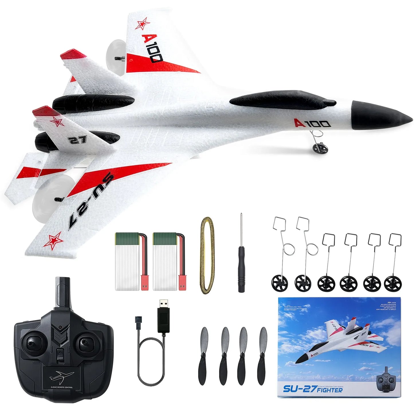 SucceBuy SU27 RC Plane 2.4G Remote Control Flying Model Glider Airplane with 2 Batteries Aircraft Foam Toys for Children Gifts White