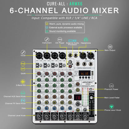 6-Channel Audio Mixer, DJ Mixer with USB Audio Interface, Bluetooth Function, 16 DSP Effects, and 3-Band EQ (ARMX-6)