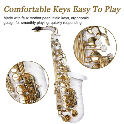 SLADE White Gold Key Alto Saxophone Beginner Set for Adult Student Sax Eb Professional Brass Saxophone with Woodwind Parts White gold key