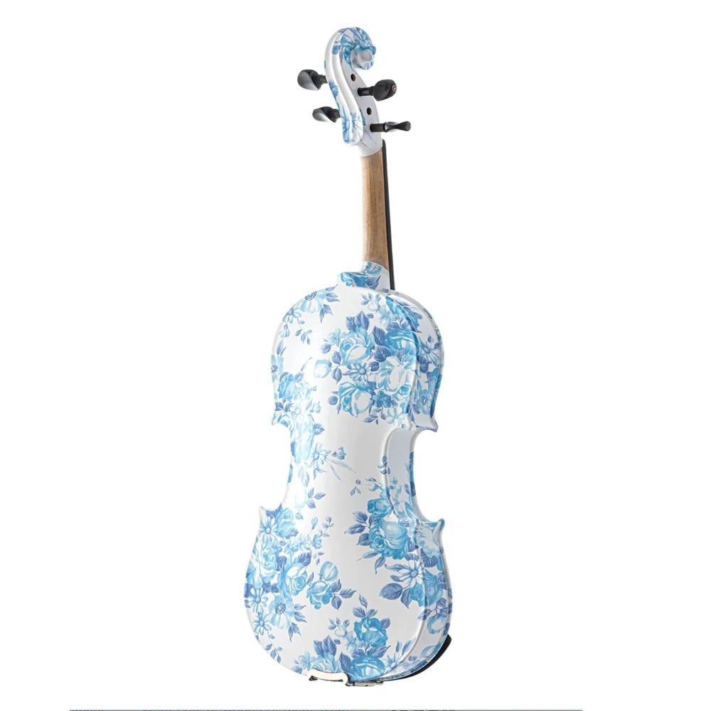 4/4 Blue White Floral Art Violin with Case Bow Rosin & Shoulder Rest HandPainted Solid Wood Ebony Outfit for Musicians Beginners