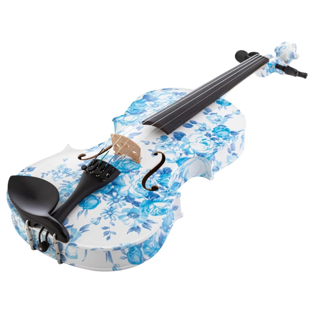 4/4 Blue White Floral Art Violin with Case Bow Rosin & Shoulder Rest HandPainted Solid Wood Ebony Outfit for Musicians Beginners