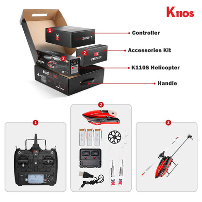 WLtoys K110S RC Helicopters for Adults,3D/6G Mode, 6 Channel Mini Remote control Helicopter,Brushless Motor, with 3 Batteries Red