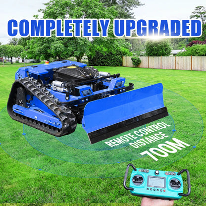 Multifunctional Remote Control Crawler Lawn Mower with Snow Plow, 225CC Gasoline Grass Cutter Robot, 550mm Cutting Width, 45° Climbing All Terrain Garden Snow Removal Machine