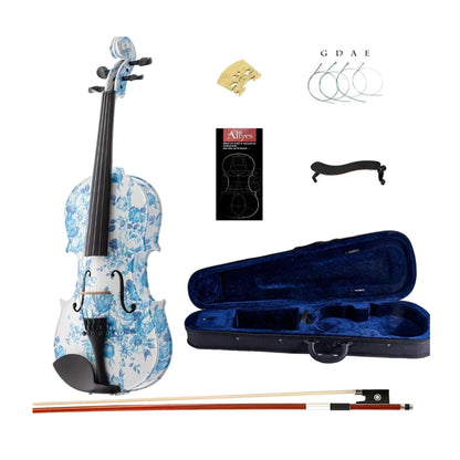 4/4 Blue White Floral Art Violin with Case Bow Rosin & Shoulder Rest HandPainted Solid Wood Ebony Outfit for Musicians Beginners