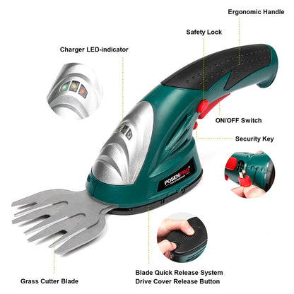 POSENPRO Cordless 7.2V Hedge & Grass Trimmer Shear Shrubber Handheld Trimmer,2 IN 1 Garden Tools Outdoor Power Tools UL Plug