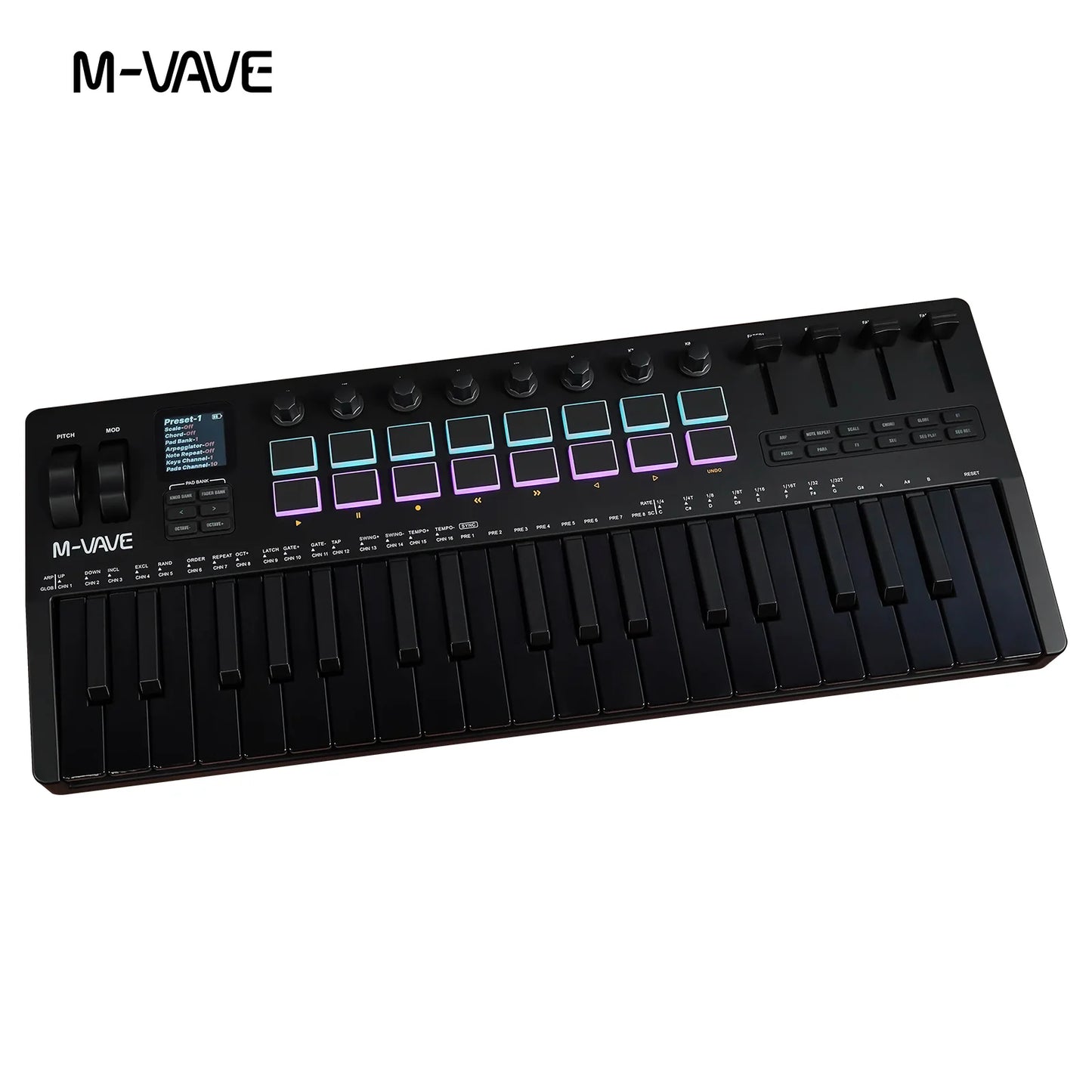 M-VAVE SMK-37 Keyboard Black MIDI Controller 37 Key 16 RGB Pads&8 Knobs Supports Wireless Connection Systems Software Operation