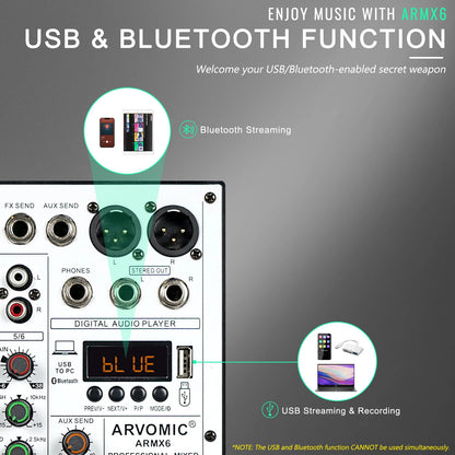 6-Channel Audio Mixer, DJ Mixer with USB Audio Interface, Bluetooth Function, 16 DSP Effects, and 3-Band EQ (ARMX-6)