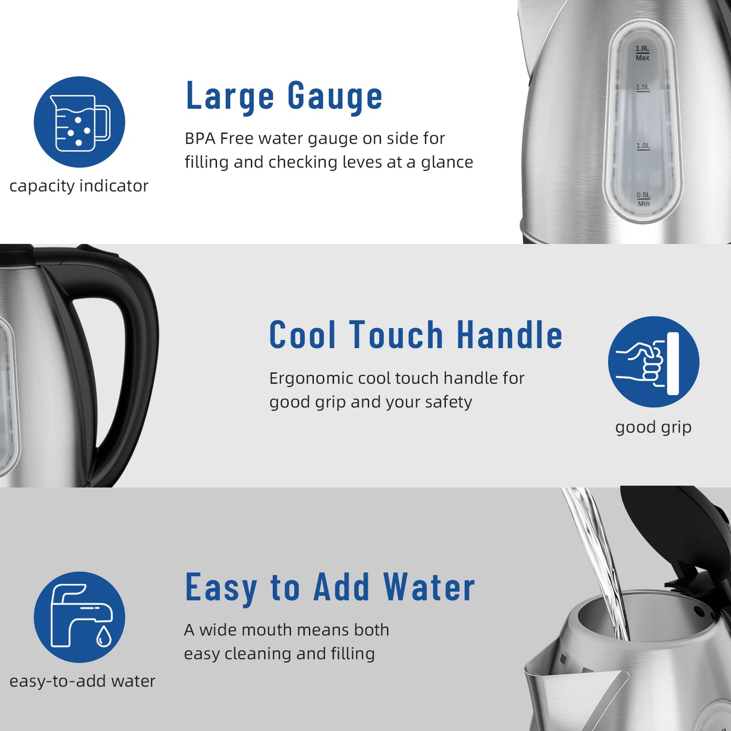 1.8L Stainless Steel Electric Kettle with Water Level Window, Auto Shut-Off, Boil-Dry Protection, 1100W Fast Boiling
