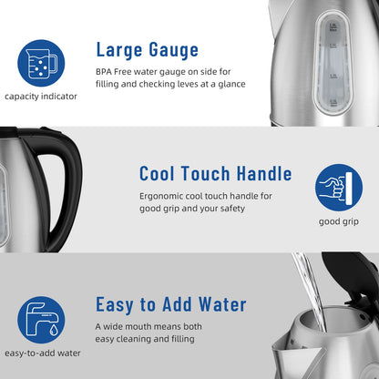 1.8L Stainless Steel Electric Kettle with Water Level Window, Auto Shut-Off, Boil-Dry Protection, 1100W Fast Boiling