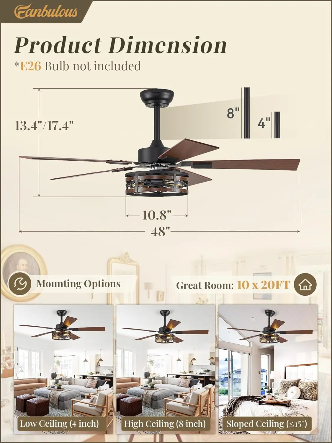 48 Inch Farmhouse Ceiling Fan with Light, 6-Speed DC Motor, Reversible, Dual Finish Blades, Caged Design for Living Room Bedroom