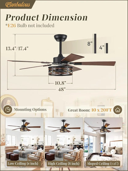 48 Inch Farmhouse Ceiling Fan with Light, 6-Speed DC Motor, Reversible, Dual Finish Blades, Caged Design for Living Room Bedroom