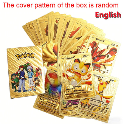 55PCS Pokemon Cards Vmax GX Gold Foil Flash Box Party Interactive Game English Colorful Game Battle Collection Card Gift, English 55PCS Gold