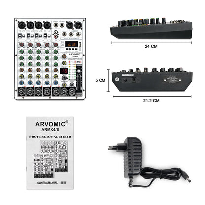 6-Channel Audio Mixer, DJ Mixer with USB Audio Interface, Bluetooth Function, 16 DSP Effects, and 3-Band EQ (ARMX-6)