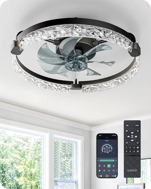 20" Low Profile Ceiling Fan with Lights and Remote, 6 Speeds Dimmable LED, DC Motor, APP Control, Black for Bedroom Kitchen
