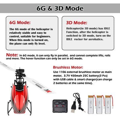 WLtoys K110S RC Helicopters for Adults,3D/6G Mode, 6 Channel Mini Remote control Helicopter,Brushless Motor, with 3 Batteries Red