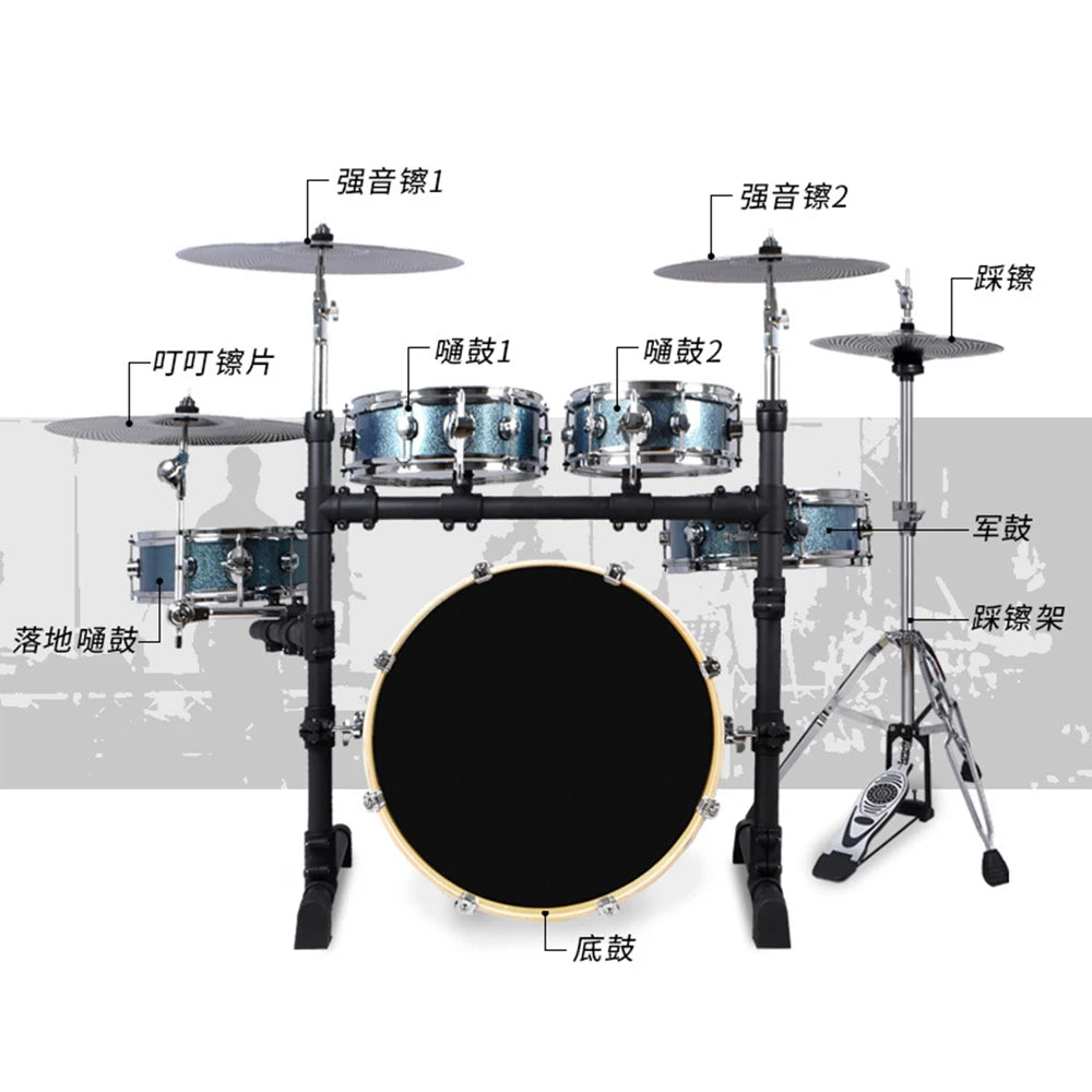 Portable Drum Set, 5 Drums and 4Cymbals, Mute, Adult, Children, Double-sided Practice Test Double-sided Practice Test Jazz Drum Black