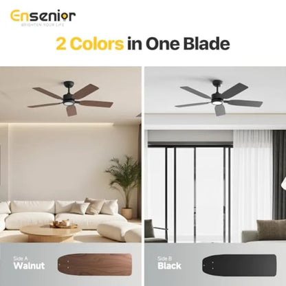 52 inch ceiling fan with light and remote for bedroom and living room, black modern DC motor fandelier with noiseless reversible