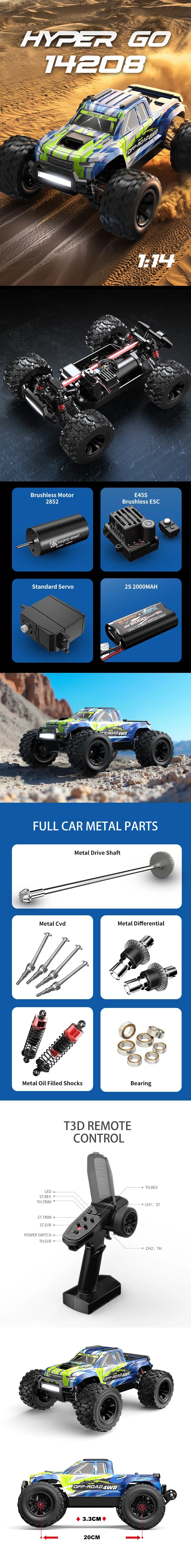 Hyper Go 14208 1:14 4WD RC Car Off-road Racing High Speed Brushless 2.4G Remote Control Car Truck Truck Electric Toy