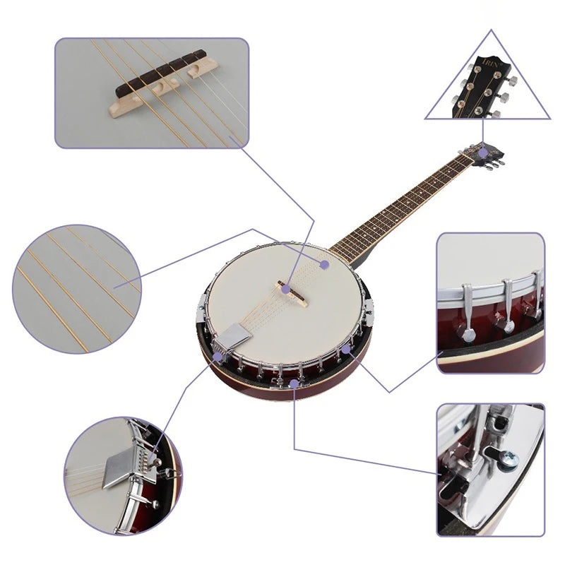 6 Strings Banjo Shabili Wood Professional Banjo Adult Beginners Playing Practice Guitar Western Ethnic Stringed Instruments