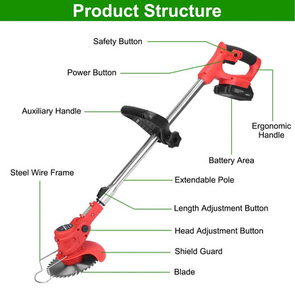 Electric Cordless Grass Trimmer Rechargeable Lawn Mower Weed Cutter with Alloy Saw Blade 2 Alloy Blades 5 Plastic Blades 2 Rechargeable Batteries Goggles Gloves Auxiliary Handle