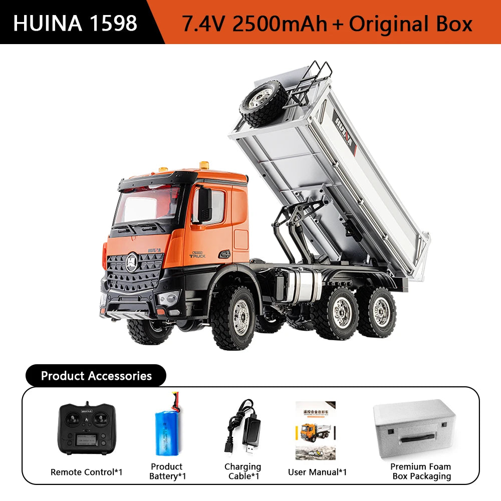 HUINA 1598 1/14 14CH Alloy RC Truck 6WD Remote Control Dump Truck RTR Electric Engineering Transport Vehicle Model Boys Gift