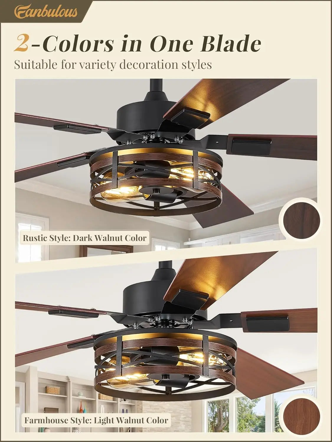 48 Inch Farmhouse Ceiling Fan with Light, 6-Speed DC Motor, Reversible, Dual Finish Blades, Caged Design for Living Room Bedroom