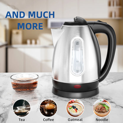 1.8L Stainless Steel Electric Kettle with Water Level Window, Auto Shut-Off, Boil-Dry Protection, 1100W Fast Boiling