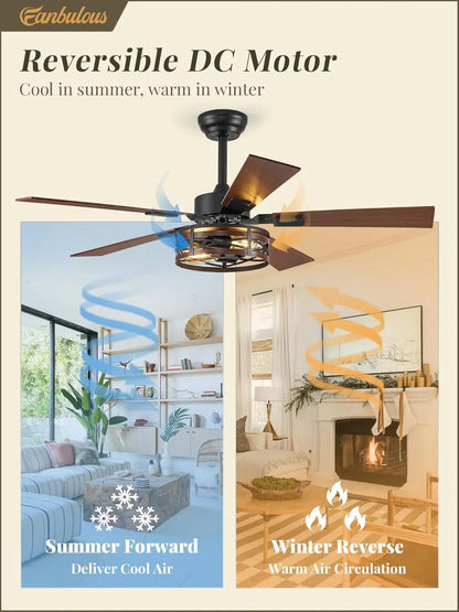 48 Inch Farmhouse Ceiling Fan with Light, 6-Speed DC Motor, Reversible, Dual Finish Blades, Caged Design for Living Room Bedroom