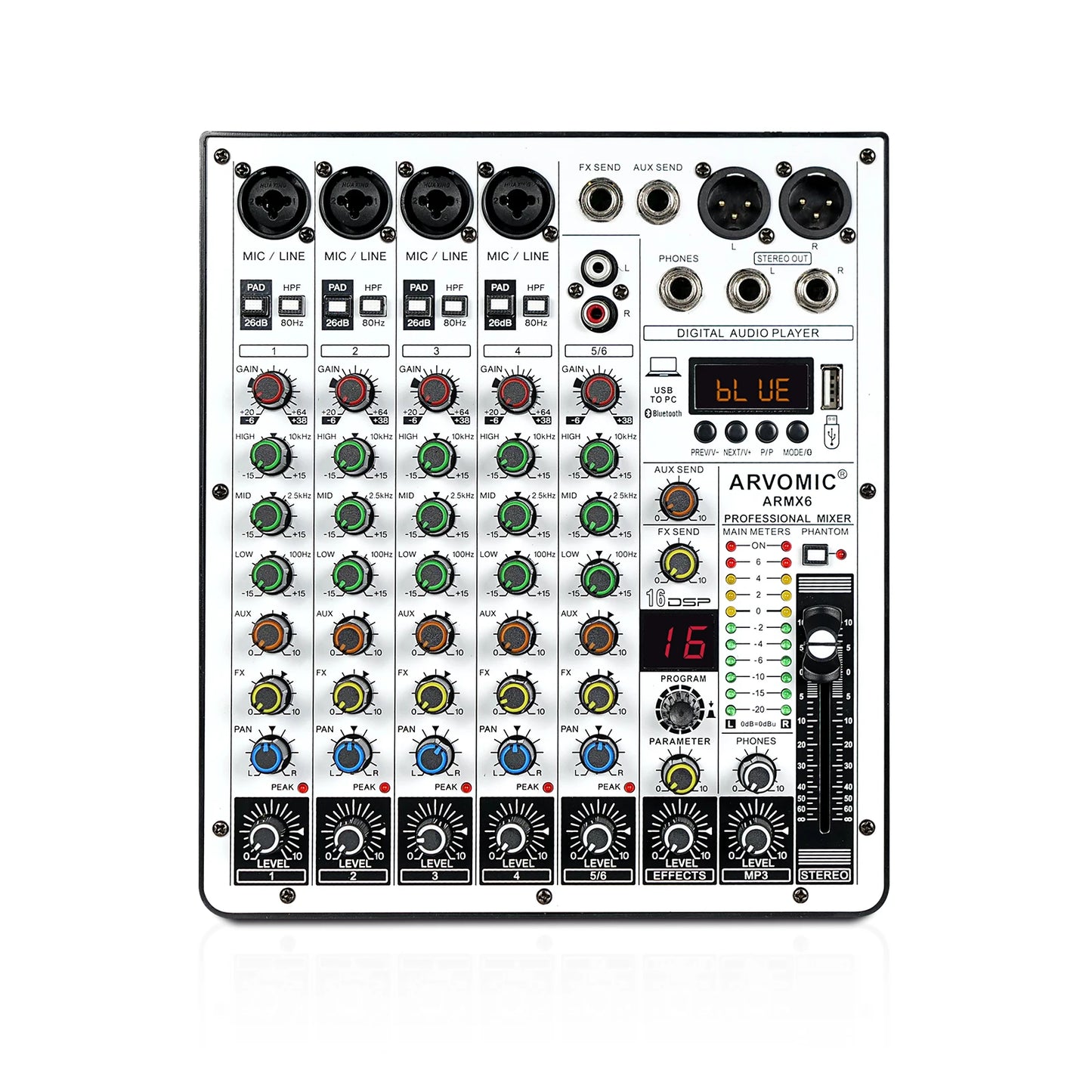 6-Channel Audio Mixer, DJ Mixer with USB Audio Interface, Bluetooth Function, 16 DSP Effects, and 3-Band EQ (ARMX-6)