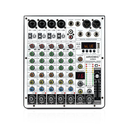 6-Channel Audio Mixer, DJ Mixer with USB Audio Interface, Bluetooth Function, 16 DSP Effects, and 3-Band EQ (ARMX-6)