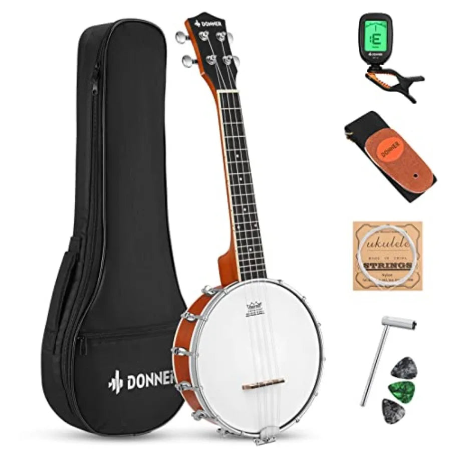 Banjolele 4 String Banjo Ukulele Kit for Adult Beginner with Banjo Tuners Gig Bag Picks Skeleton 23 Inch Sapele Wood in Natural